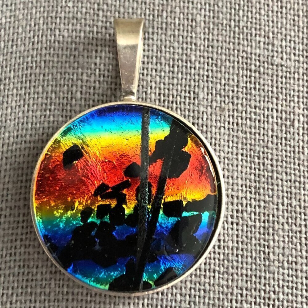 Vtg Kabana KBN 925 Inlaid Glass Sunset Colors Sterling Silver Pendant - NEW
